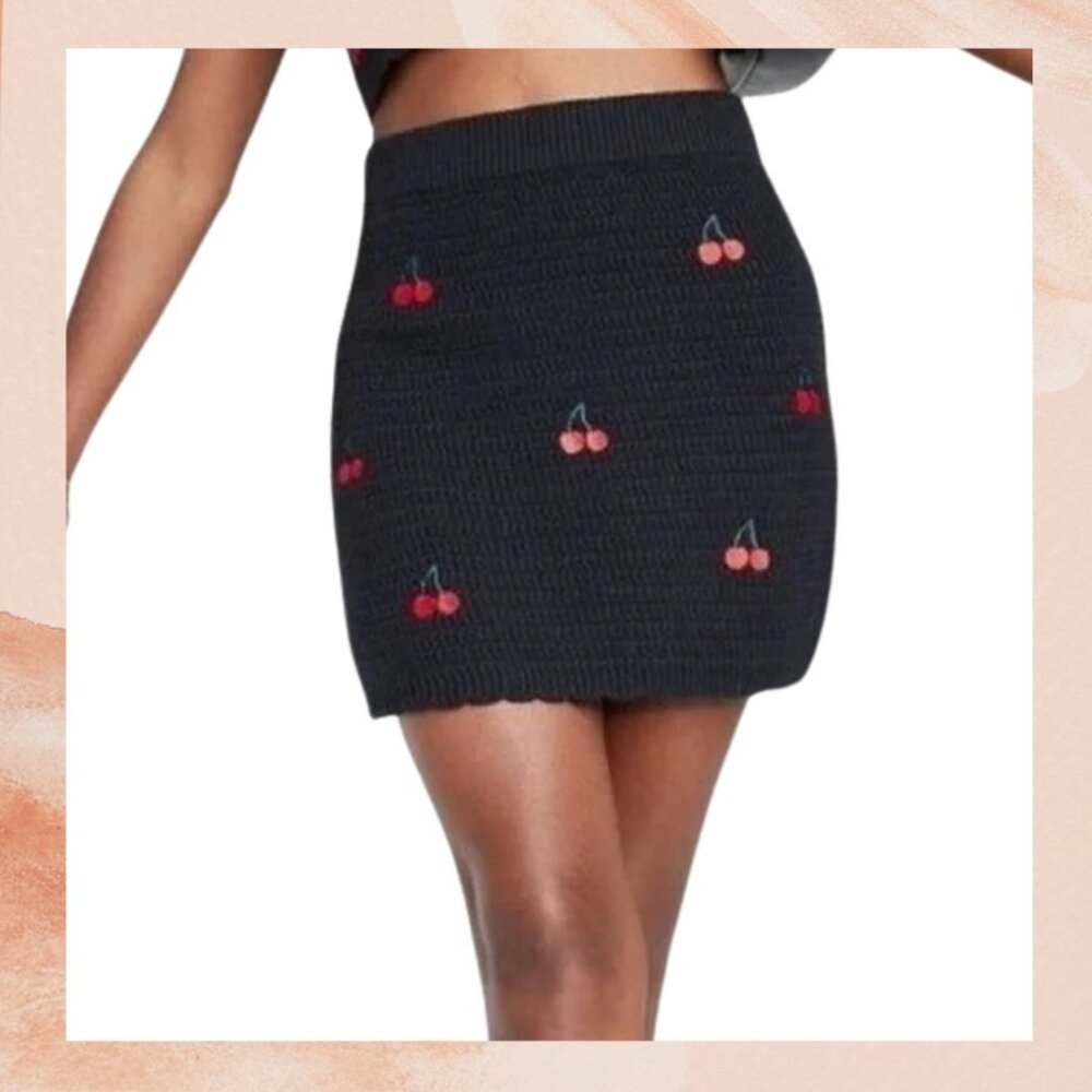 Black Cherry Print Knit Mini Skirt